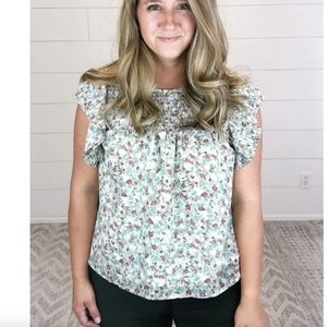 NEW BB Dakota Sage Green Micro Floral Pleat Shoulder Top